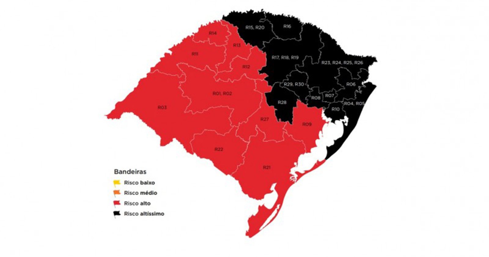 Imagem ilustrativa: Mapa definitivo da 42ª rodada mantém 11 regiões com risco altíssimo para coronavírus