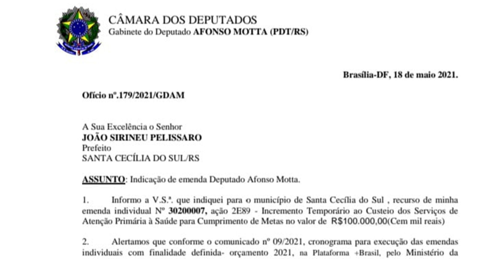 Imagem ilustrativa: Santa Cecília recebe emenda de R$ 100 mil, do deputado Afonso Motta