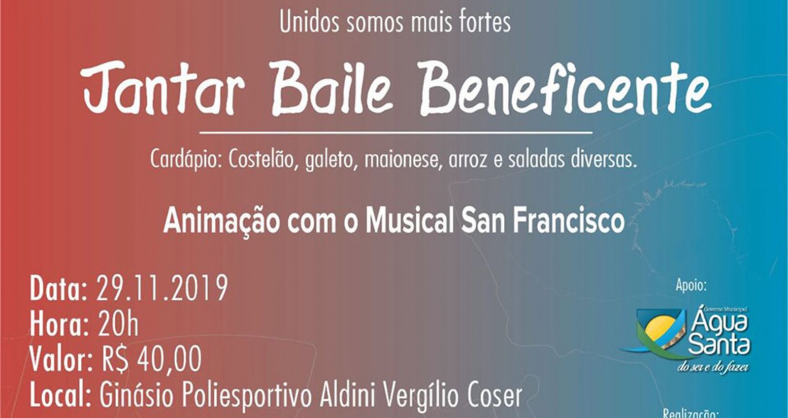 Imagem ilustrativa: Água Santa realiza jantar baile beneficente
